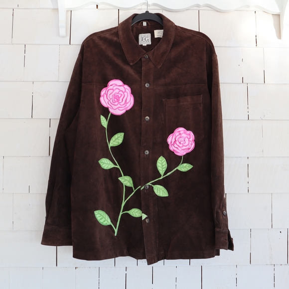 Hand Painted Brown Suede Jacket Flowers XL • 2XL - Picture 3 of 9